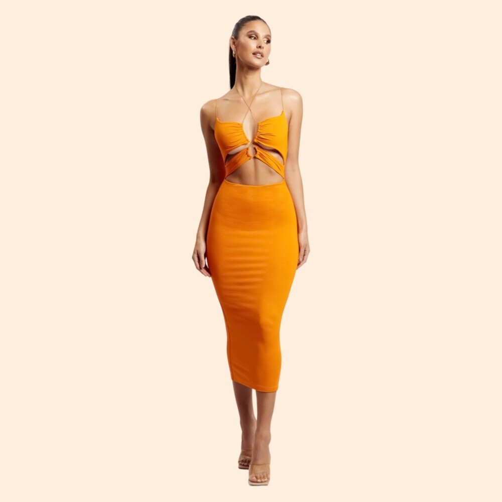 Meshki Tangerine Ruched Cut Out Midi Dress